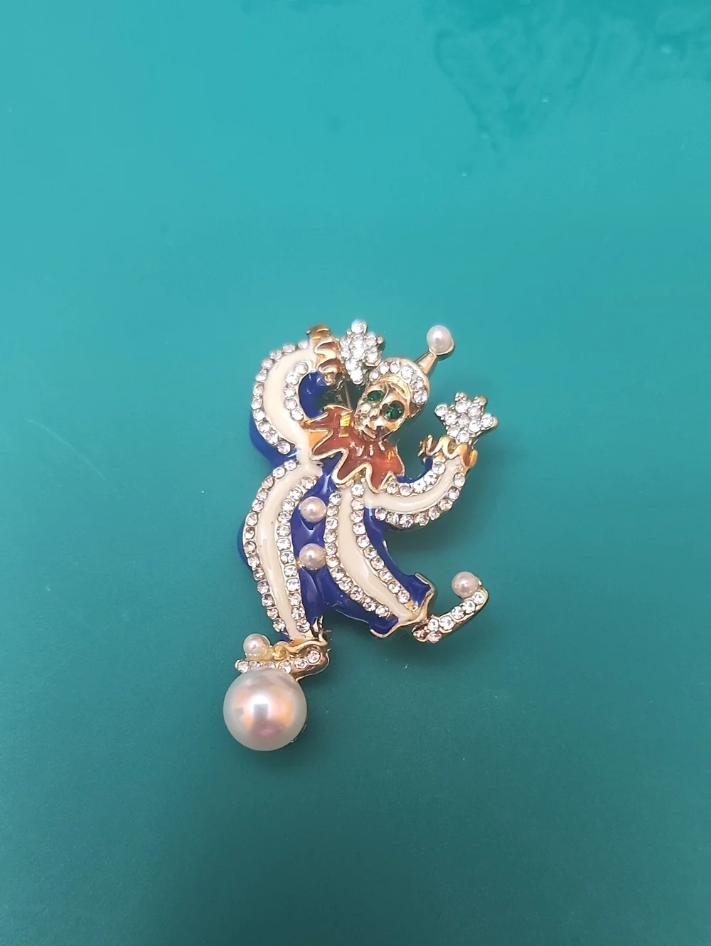 Gold-Tone Blue Enamel Jester Brooch with Pearl Accent - Women Jewelry Brooches